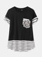 Stripe Leopard Print Pocket O-neck Women Short Sleeve T-Shirt - Black