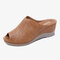 Women Peep Toe Breathable Hoolow Out Wedges Sandals - Brown