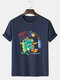 Mens Cartoon Dinosaur Print Crew Neck Cotton Short Sleeve T-Shirts - Navy