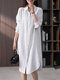 Stripe Pattern Slit Hem Lapel Long Sleeve Shirt Dress - White