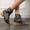 Plus Size Women Fashion Pointed Toe Flowers Embroideried Square Heel Strappy Short Boots - Black