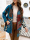 Casaco de mangas compridas com capuz estampado vintage patchwork para mulheres - azul