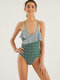 Women Floral Green Swimwear Criss-Cross Spaghetti Straps Flounce Backless One Piece - Green