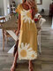 Flower Print Short Sleeve Splited Maxi Dress For Women - Yellow