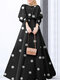 Women Polka Dot Print Crew Neck Drawstring Sleeve Muslim Maxi Dress - Black