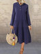 Vintage Plissee V-Ausschnitt Langarm Plus Größe Kleid - Blau