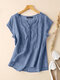 Women Lace Splice Notched Neck Casual Short Sleeve Blouse - Blue