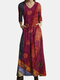 Dot Contrast Color Patchwork Long Sleeve Vintage Maxi Dress - Red