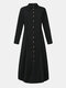 Pleated Long Sleeve Solid Color Casual Dress For Women - Black