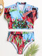 Women High Waist Bikini String Short Sleeves Tropical Print Swimwear - Sky Blue