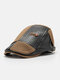 Collrown Men PU Knitted Irregular Patchwork Letter Leather Label Casual Warmth Beret Flat Cap - Dark Brown