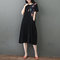 New National Wind Cotton And Linen Loose Large Size Short-sleeved Dress Print Stitching Long Skirt - Black
