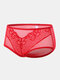 Plus Size Women Solid Mesh See Through Lace Breathable Mid Waisted Panties - Red