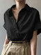 Women Solid Color Lapel Casual Short Sleeve Shirt - Black