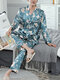 Mens Plant Floral Print Faux Silk Long Sleeve Shirt Comfy Loungewear Set - Blue