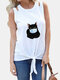 Cartoon Cat Printed Sleeveless Women Casual Tank Tops - White