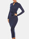 Solid Color Zip Front Long Sleeve Sexy Dress With Belt - Blue