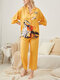 Women Faux Silk Figure Print Chinese Style Pajamas Sets - Yellow