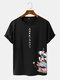 Mens Japanese Cartoon Cat Printed Crew Neck Short Sleeve T-Shirt - Black