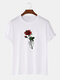 Mens Rose Hand Print Crew Neck Cotton Short Sleeve T-Shirts - White