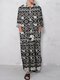 Plus Size Mens Ethnic Pattern Double Pocket Casual Long Sleeve Kaftan Robe - Black