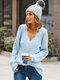 Guipure Lace Solid V-neck Long Sleeve Loose Sweater - Blue