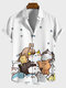 Mens Cartoon Cat Star Print Lapel Short Sleeve Shirts - White