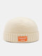 Unisex Acrylic Knitted Solid Color Letter Cloth Label Dome All-match Brimless Beanie Landlord Cap Skull Cap - Beige