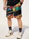 Shorts masculinos com estampa geométrica abstrata patchwork e cordão na cintura - Multi Color