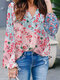 Floral Print Long Sleeve V-neck Blouse For Women - Pink