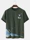 Mens Crane Landscape Print Chinese Style Short Sleeve Cotton Linen T-Shirts - Army Green