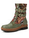 Socofy Retro Ethnic Paisley Leather Buckle Decor Side Zipper Comfortable Short Boots - Army Green