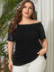 Solid Color Off Shoulder Lace Short Sleeve Plus Size Blouse for Women - Black