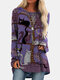 Cartoon Cat Print O-neck Long Sleeve Blouse For Women - Purple