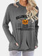 Halloween Cartoon Pumpkin Letters Print Long Sleeve Pocket T-shirt - Gray