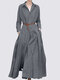 Women Solid Pleated Lapel Casual Long Sleeve Maxi Dress - Gray