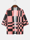 Mens Checkered Geometric Print Open Front Casual Loose Kimono - Pink