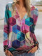 Geometric Printed Long Sleeve V-neck Zip Front Blouse For Women - Red