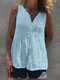 Solid Button Front Sleeveless V-neck Women Casual Tank Top - Blue