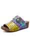 Scocofy cuir véritable fait à la main vacances d'été confortable respirant creux Colorblock boucle florale décor sandales à semelles compensées - Multicolore
