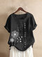 Calico Print O-neck Short Sleeve Button Women Casual T-Shirt - Black