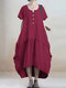 Casual Loose Solid Color Plus Size Dress for Women - Wine Red