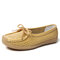 Women Breathable Hollow Leather Round Toe Butterfly Knot Flats - Yellow