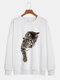 Suéter casual masculino com estampa de gato 3D com gola redonda - Branco