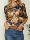 Forest Cat Print O-neck Long Sleeve Vintage Plus Size T-shirt - Yellow