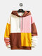 Mens Patchwork Contrast Color Muff Pockets Drawstring Hoodies - Pink