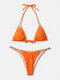 Women Chain String Halter Backless Wireless Micro Bikinis Swimwear - Orange