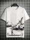 Mens Chinese Figure Landscape Ink Painting Crew Neck Short Sleeve T-Shirts Winter - White