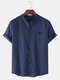 Mens Mountain Chest Print Stand Collar Casual Cotton Short Sleeve Shirts - Navy
