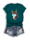 Cat Printed Short Sleeve O-Neck T-shirt - Dark Green